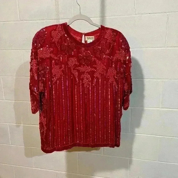 Tribout‎ Young Designers Women's SS Blouse Large Cherry Red Pure Silk Beaded - Picture 1 of 9